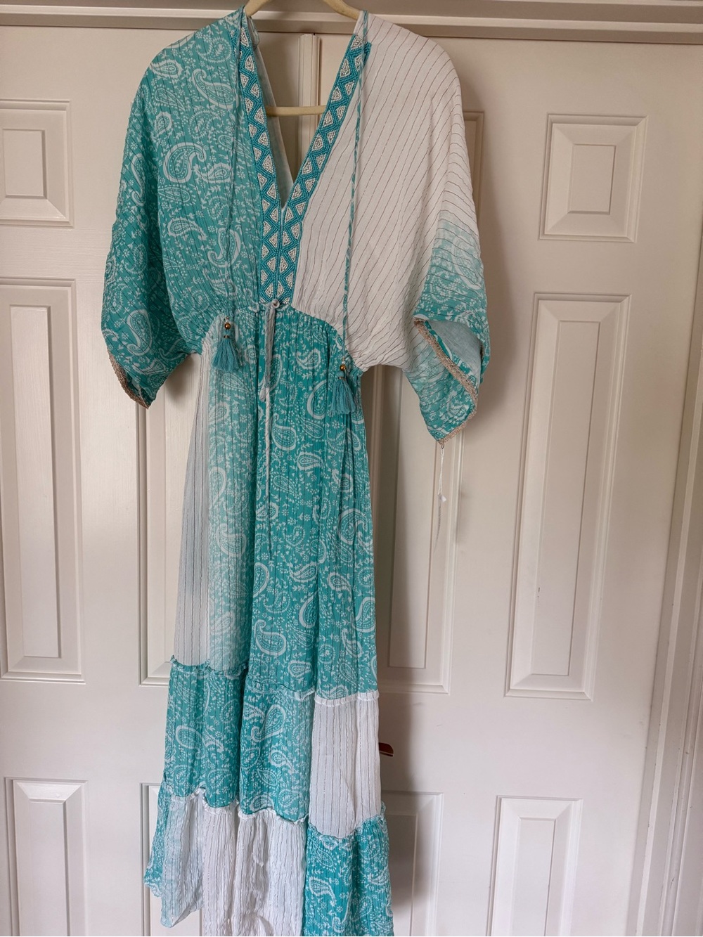 Boho Teal & White Paisley Maxi Dress